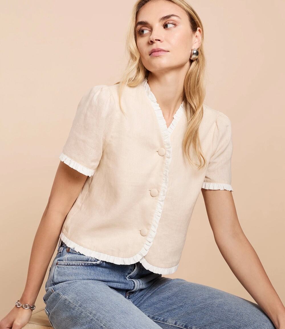 New Kourt Isley tan khaki button blouse size XS $147